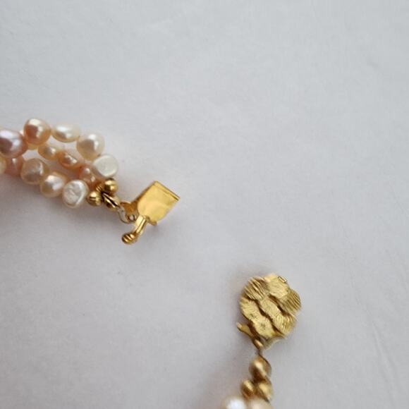 Genuine Pearl Statement Choker Necklace & Bracelet Set New Peachy Pink Old Money - Picture 9 of 11